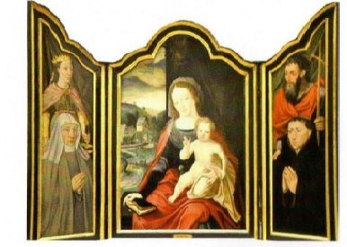 Triptyque de la Vierge à l’Enfant avec sainte Catherine, saint Jean-Baptiste et les donateurs Panneau central attribué à Jean Gossaert (Ecole Flamande – XV°)